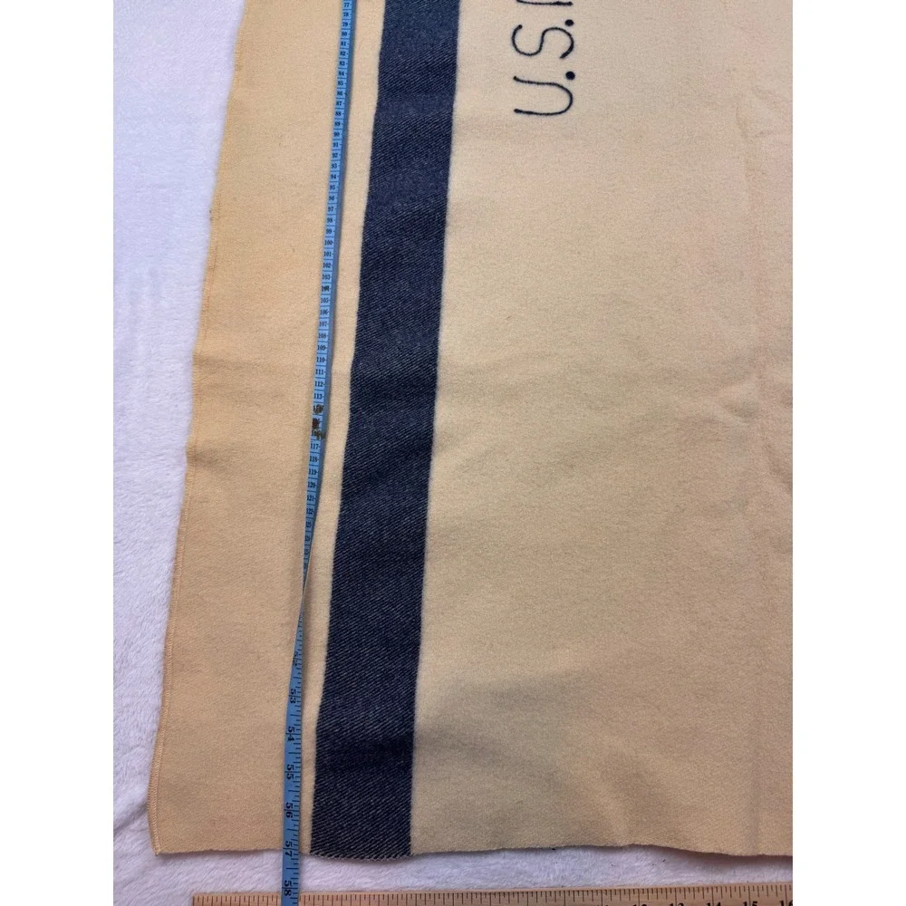 Vintage US Navy Wool Medical Blanket Cream Tan with Blue Stripe Military Issue